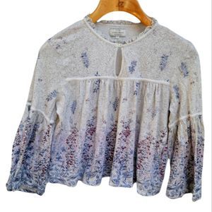 Lucky Brand White Floral Bell Sleeve Blouse Size S